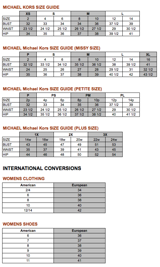 Michael Kors Size Chart